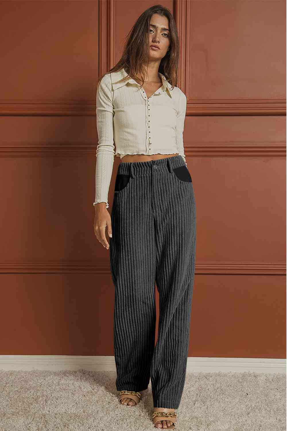Sienna Ribbed Longline Pocketed Pants Sentient Beauty Fashions Apparel & Accessories