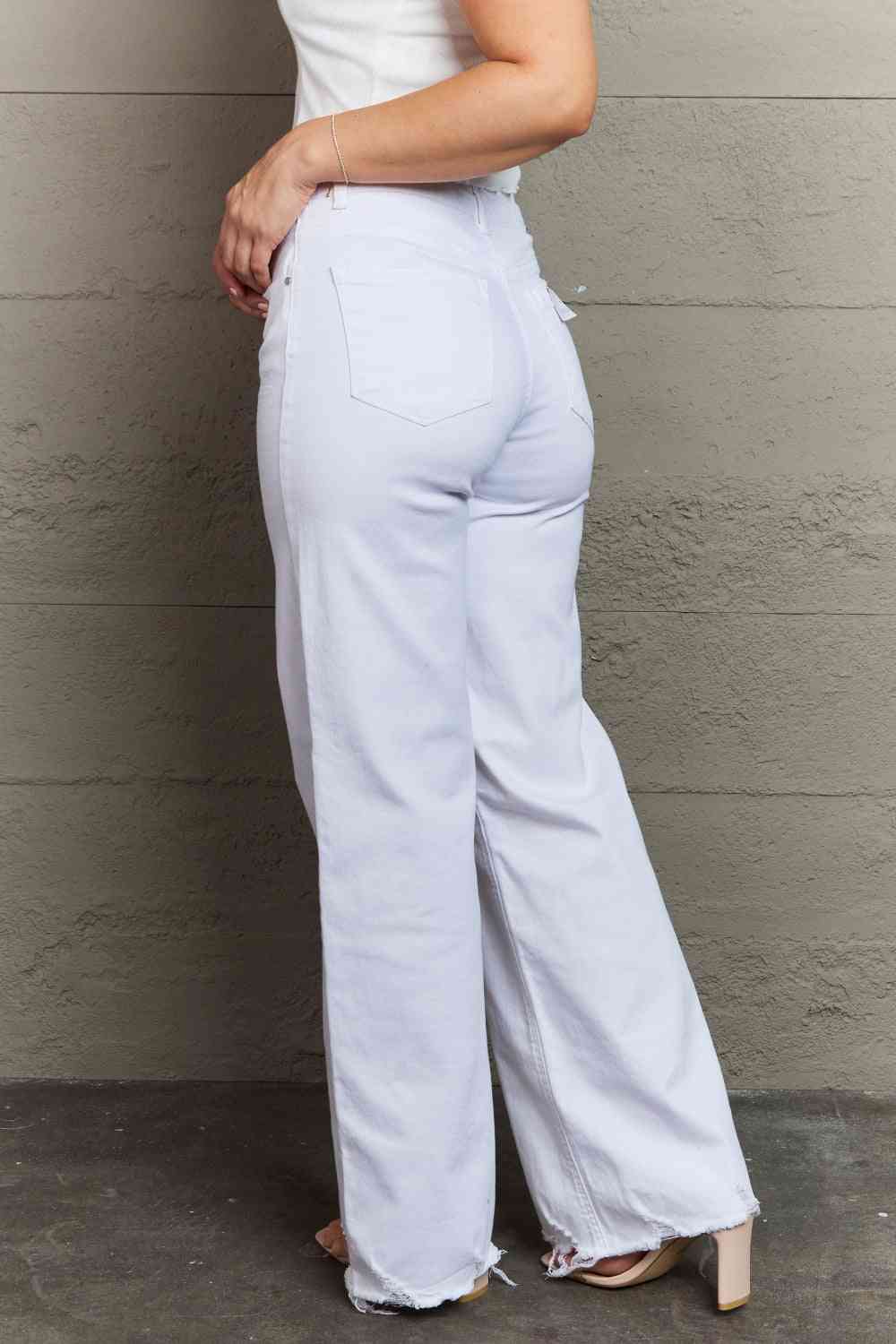 Light Slate Gray RISEN Raelene Full Size High Waist Wide Leg Jeans in White Sentient Beauty Fashions Apparel &amp; Accessories