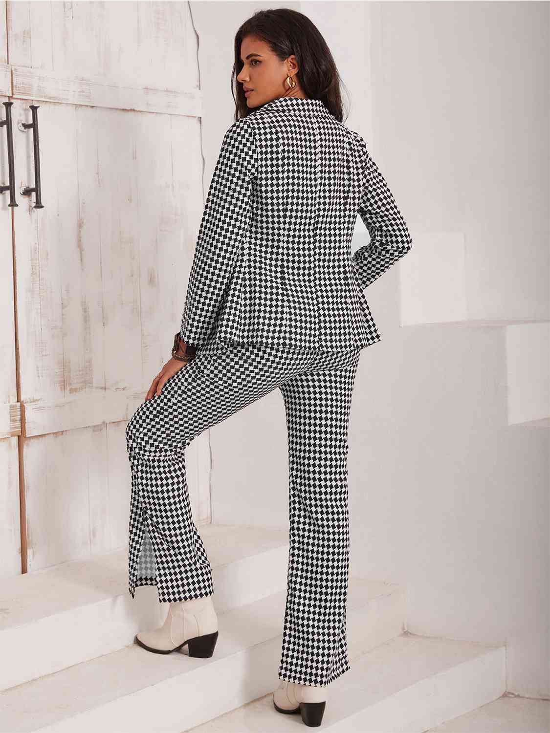 Light Gray Checkered Blazer & Slit Pants Set Sentient Beauty Fashions Apparel & Accessories