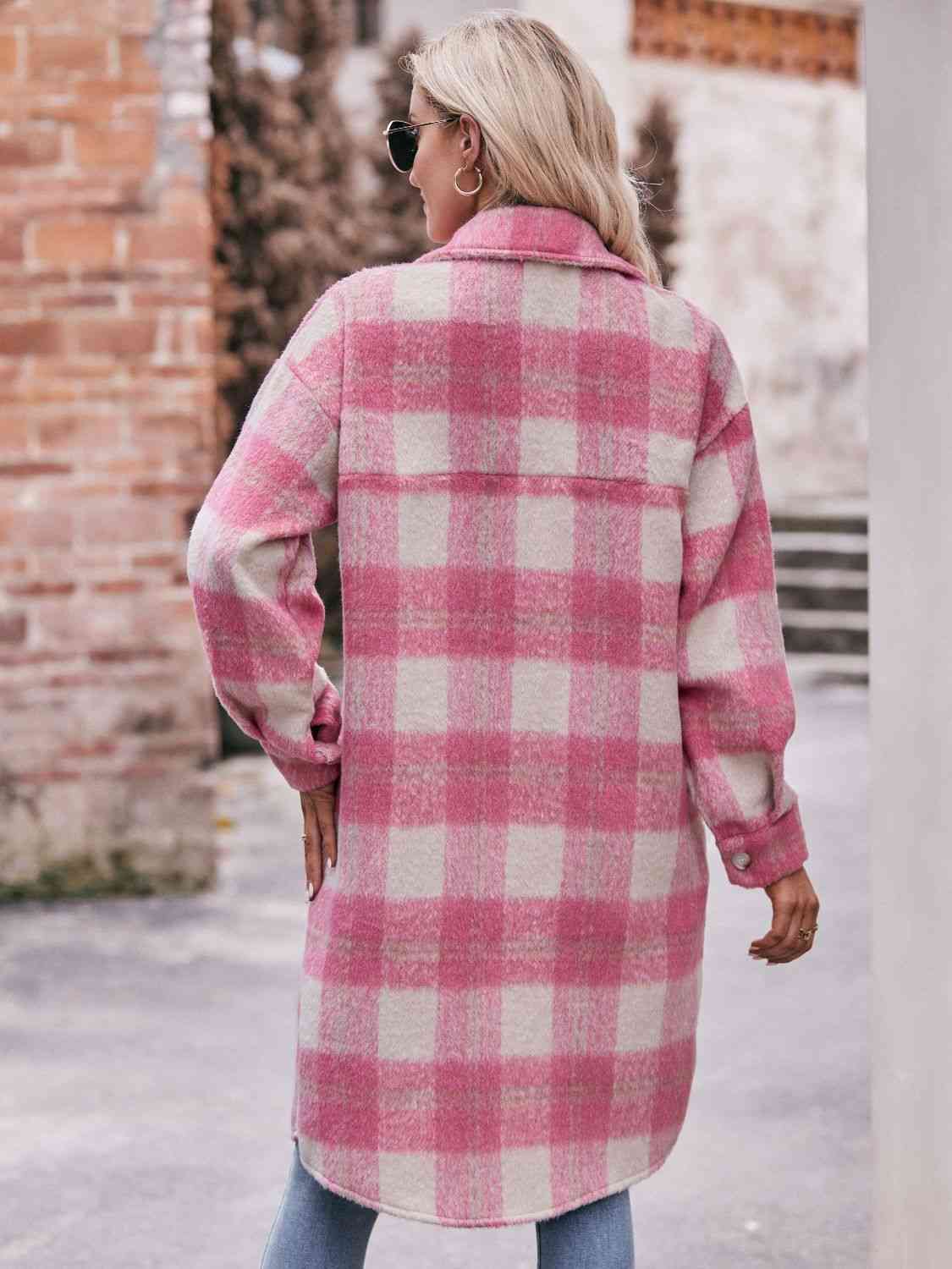 Rosy Brown Plaid Dropped Shoulder Slit Coat Sentient Beauty Fashions Apparel & Accessories