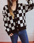 Black Checkered Open Front Button Up Cardigan