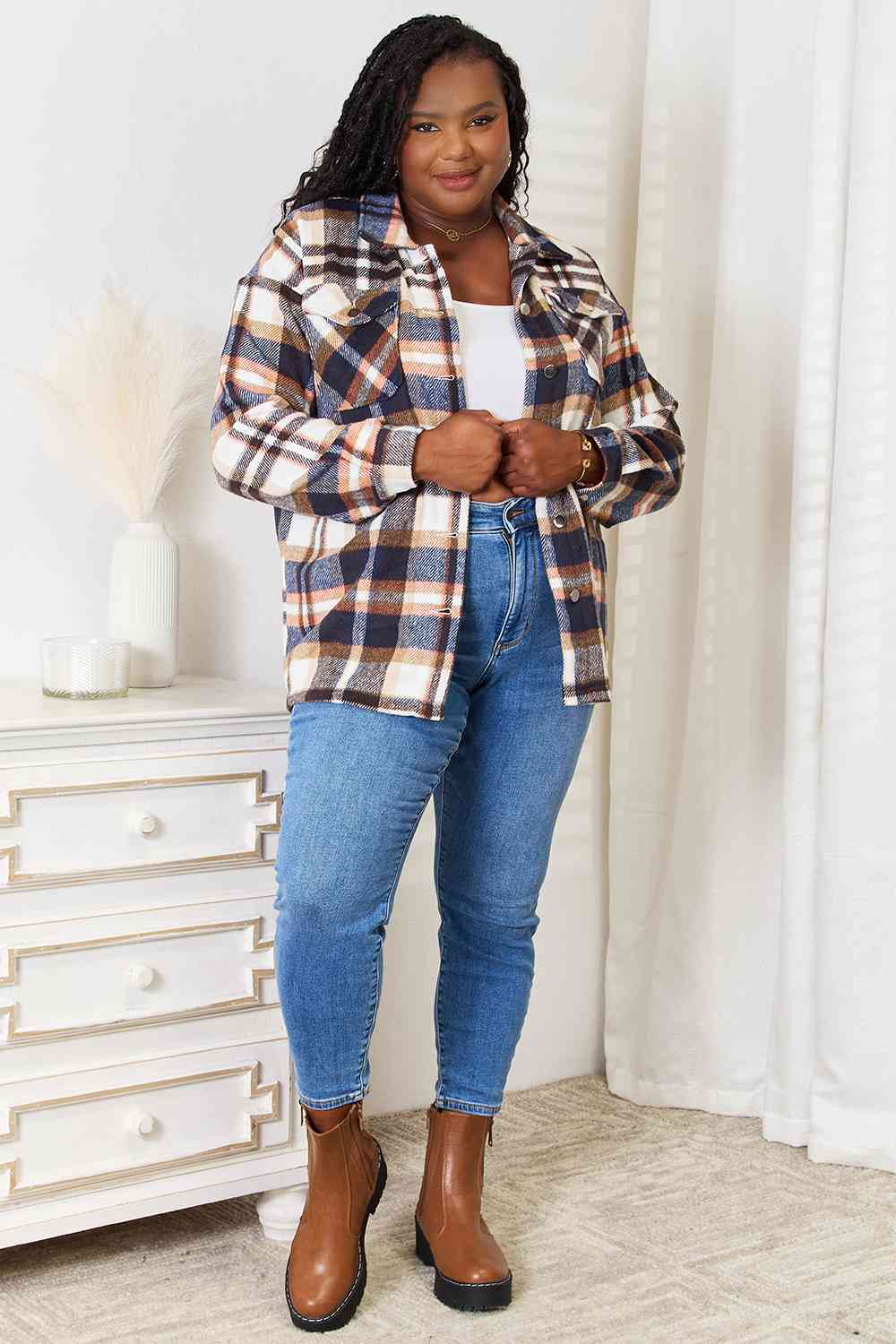 Light Gray Double Take Plaid Button Front Shirt Jacket with Breast Pockets Sentient Beauty Fashions Apparel &amp; Accessories