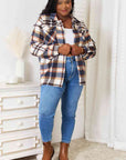 Light Gray Double Take Plaid Button Front Shirt Jacket with Breast Pockets Sentient Beauty Fashions Apparel & Accessories