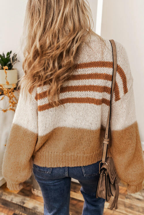 Rosy Brown Striped Open Front Long Sleeve Cardigan