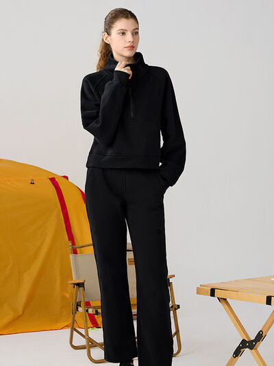 Black Half Zip Pocketed Active Sweatshirt Sentient Beauty Fashions Apparel &amp; Accessories