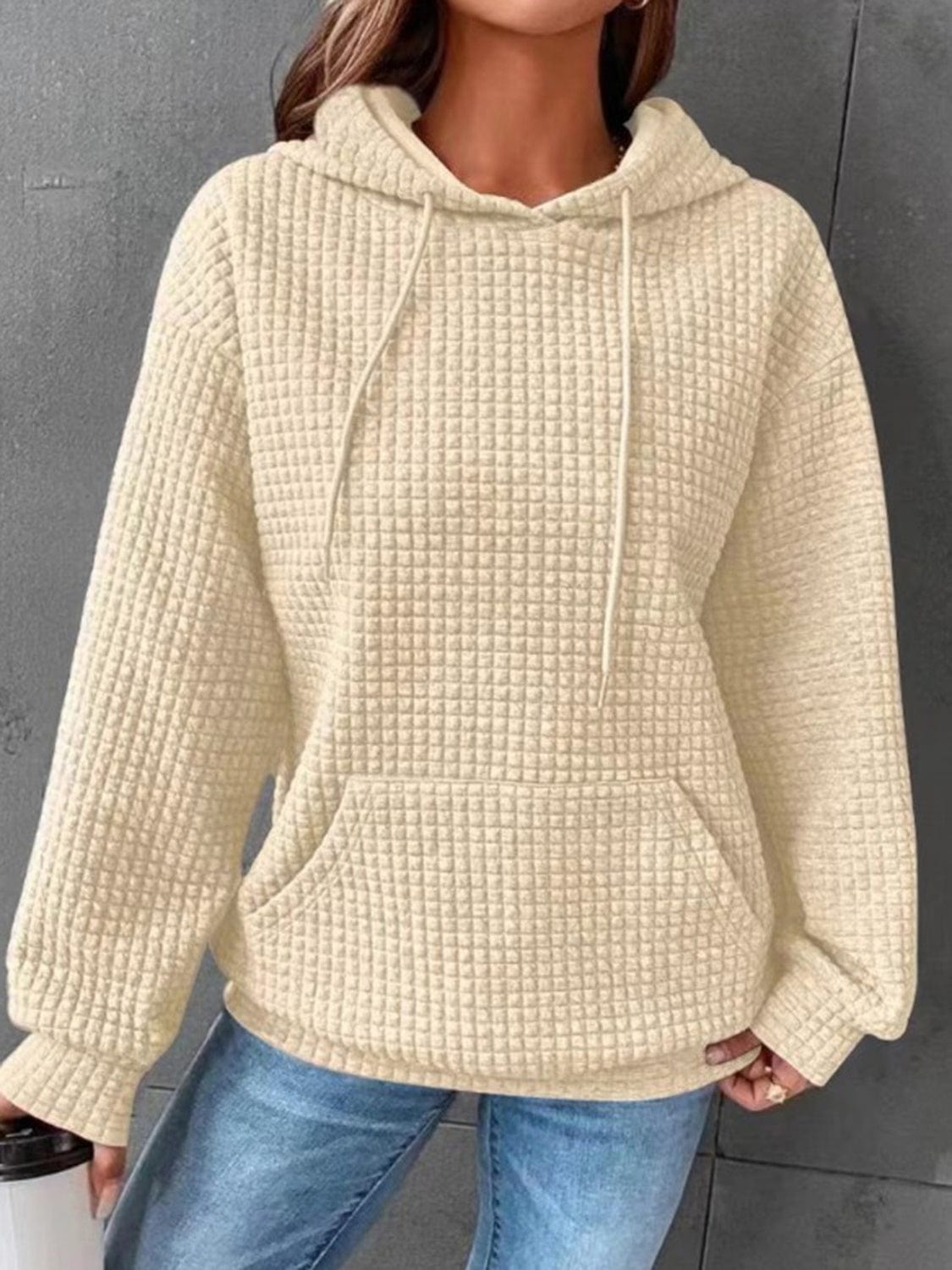 Tan Textured Drawstring Drop Shoulder Hoodie