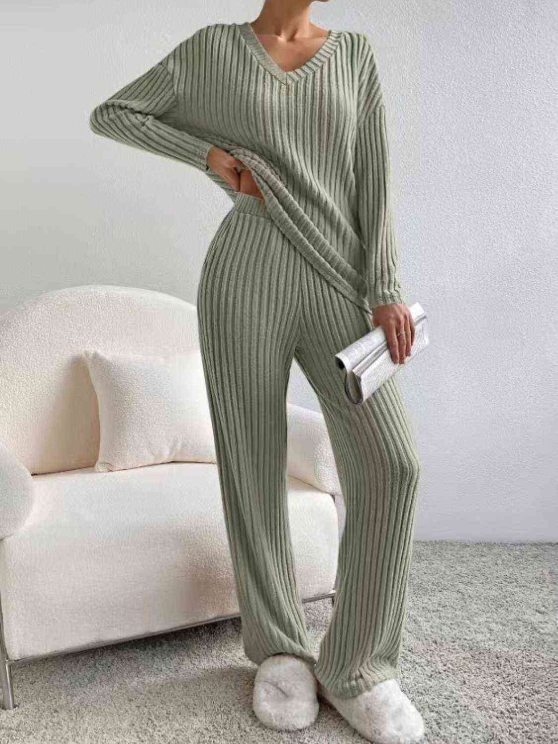 Gray Ribbed V-Neck Long Sleeve Top and Pants Set Sentient Beauty Fashions Apparel &amp; Accessories