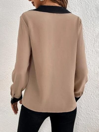 Rosy Brown Contrast Trim V-Neck Long Sleeve Blouse