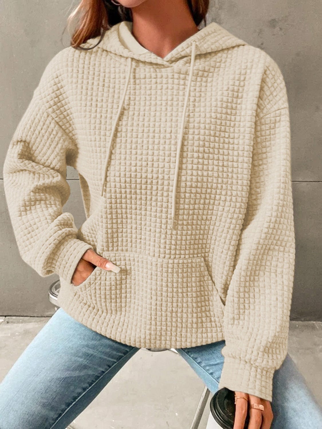 Tan Textured Drawstring Drop Shoulder Hoodie