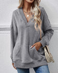Dark Gray V-Neck Drop Shoulder Long Sleeve Hoodie Sentient Beauty Fashions Apparel & Accessories