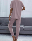 Dim Gray Round Neck Short Sleeve Top and Pants Set Sentient Beauty Fashions Apparel & Accessories