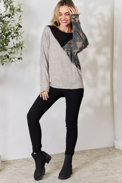 Gray BiBi Brushed Hacci Color Block Long Sleeve Top Sentient Beauty Fashions Apparel &amp; Accessories
