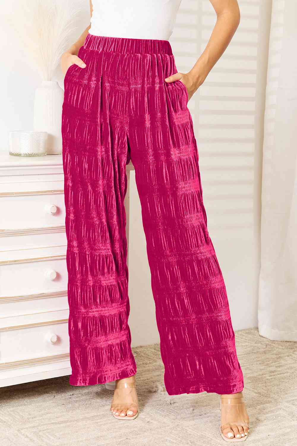Maroon Double Take Full Size High Waist Tiered Shirring Velvet Wide Leg Pants Sentient Beauty Fashions Pants