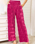 Maroon Double Take Full Size High Waist Tiered Shirring Velvet Wide Leg Pants