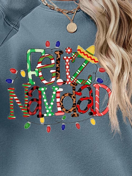 Dim Gray FELIZ NAVIDAD Round Neck Drop Shoulder Sweatshirt