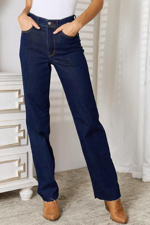 Gray Judy Blue Full Size Raw Hem Straight Leg Jeans with Pockets Sentient Beauty Fashions Apparel &amp; Accessories