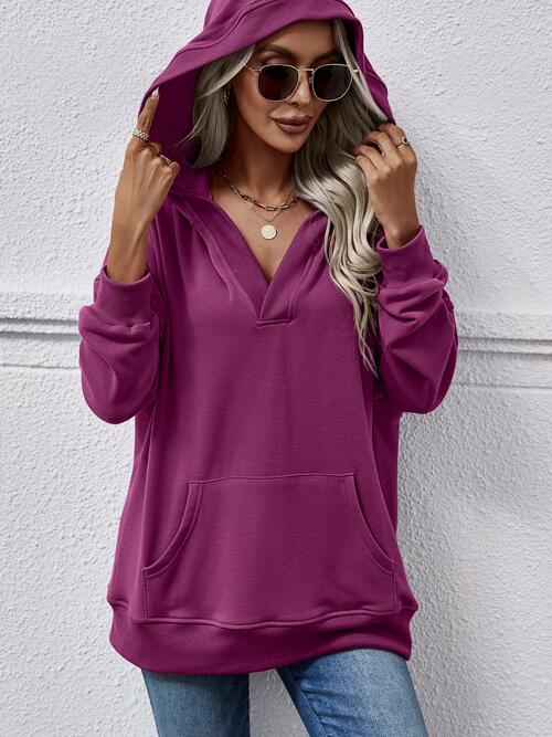 Gray V-Neck Drop Shoulder Long Sleeve Hoodie Sentient Beauty Fashions Apparel &amp; Accessories