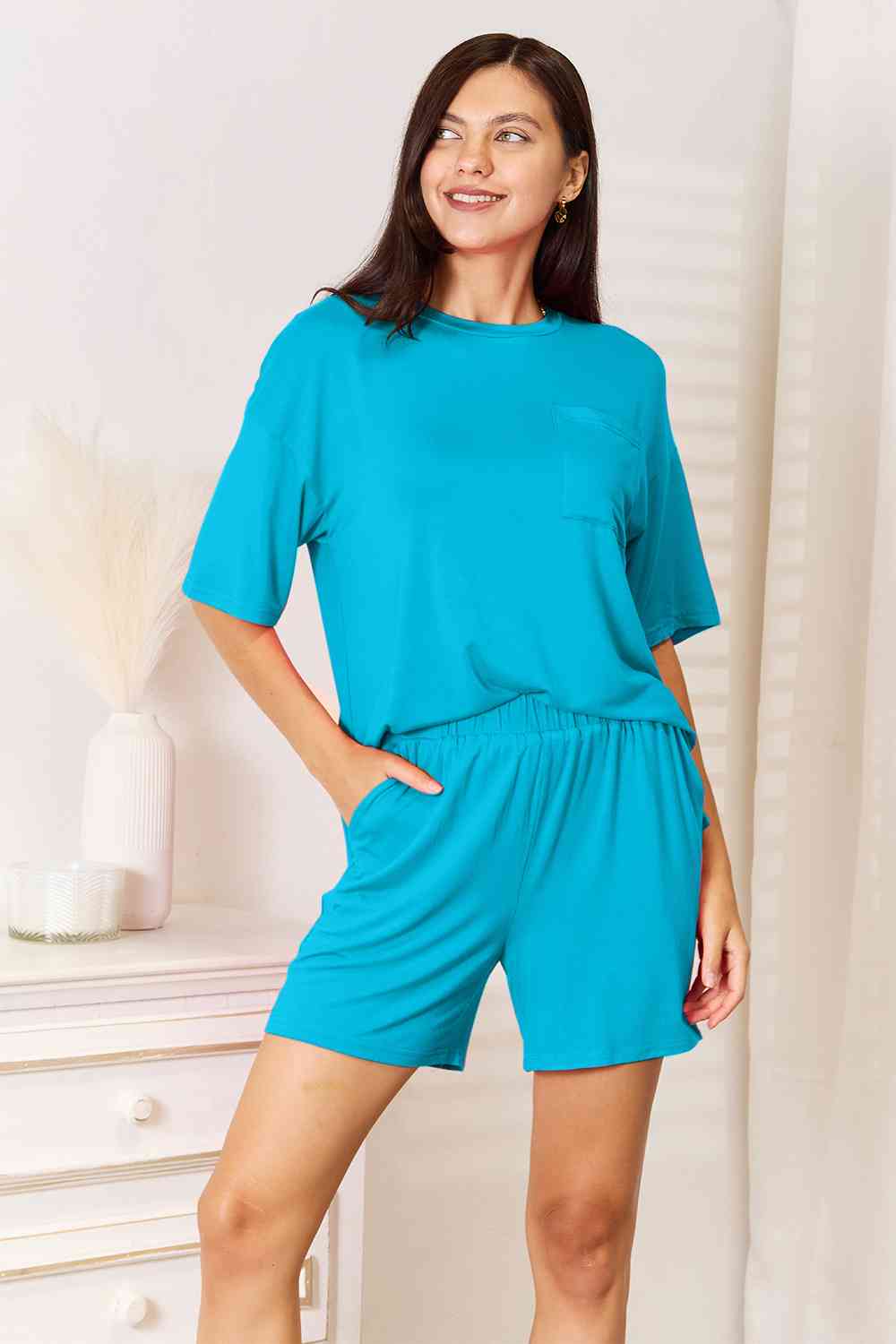 Light Sea Green Basic Bae Full Size Soft Rayon Half Sleeve Top and Shorts Set Sentient Beauty Fashions Apparel &amp; Accessories