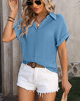 Light Slate Gray Button Up Short Sleeve Shirt Sentient Beauty Fashions Apparel & Accessories