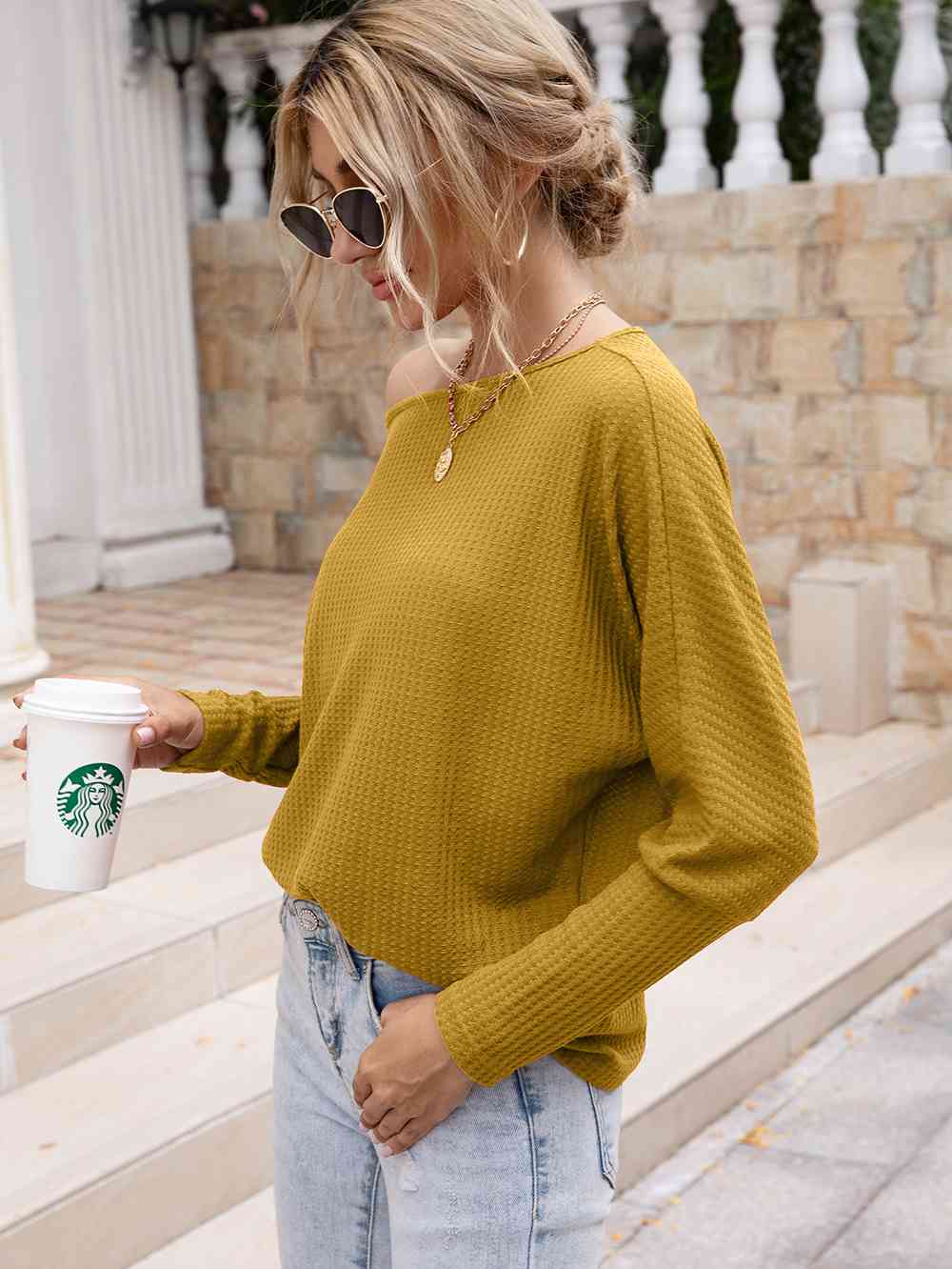 Gray Waffle-Knit Boat Neck Long Sleeve Top