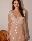 Rosy Brown Sequin Surplice Sleeveless Bodysuit Sentient Beauty Fashions Apparel & Accessories