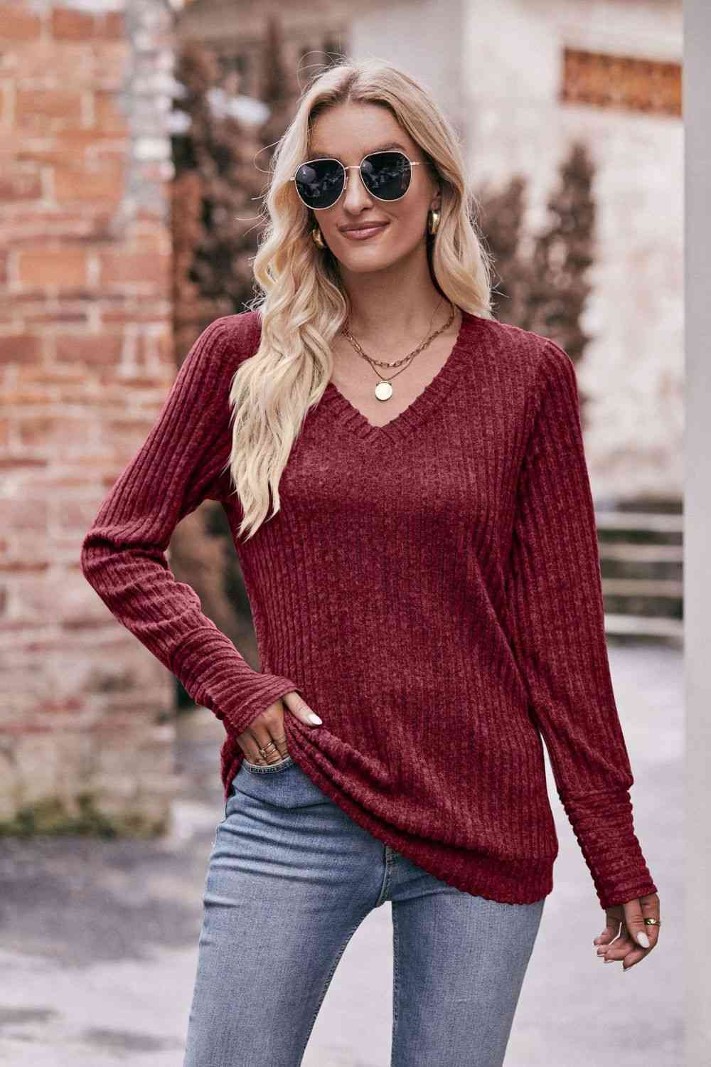 Rosy Brown Double Take V-Neck Long Sleeve Ribbed Top Sentient Beauty Fashions Apparel &amp; Accessories