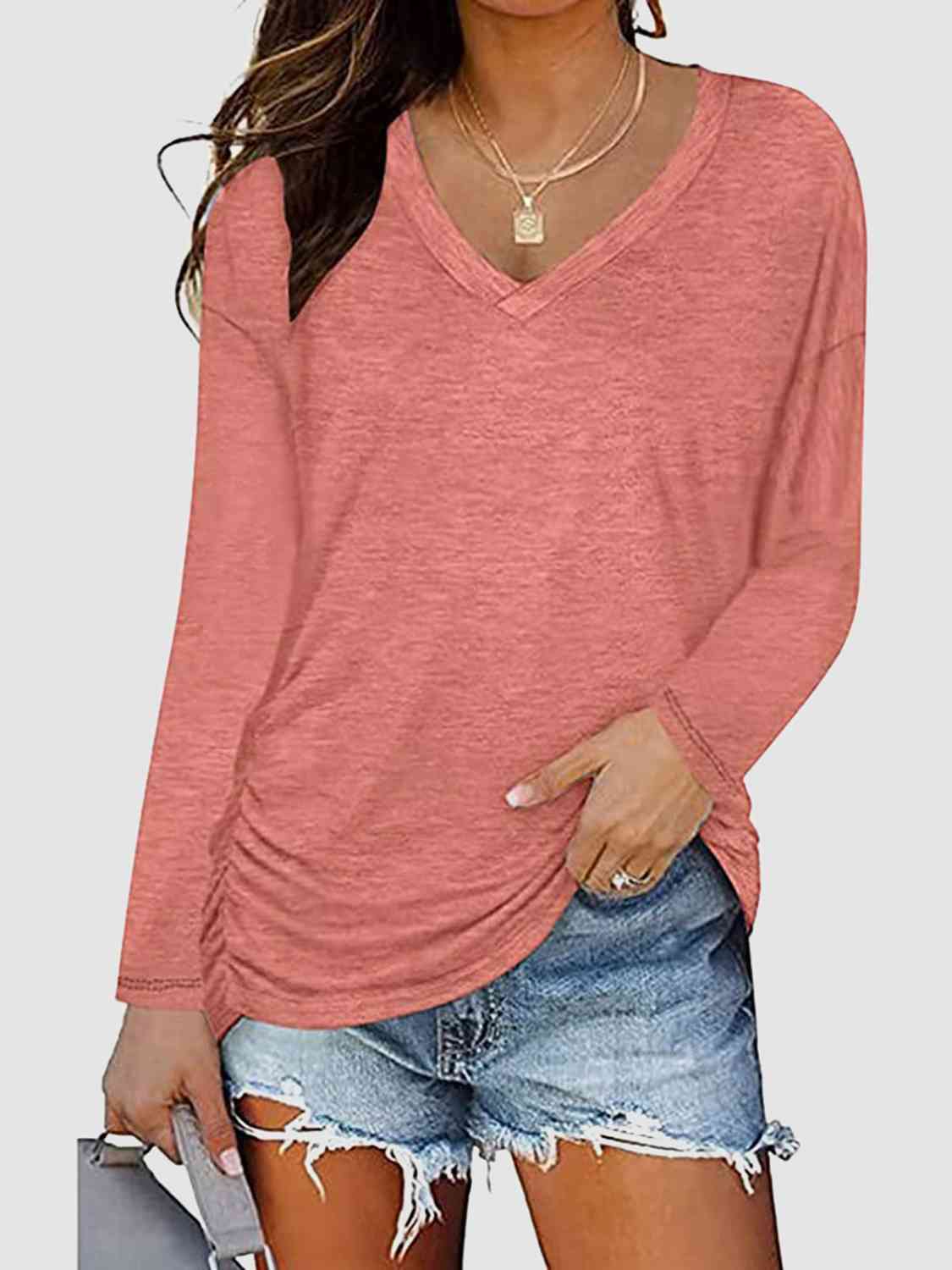 Rosy Brown Ruched V-Neck Long Sleeve T-Shirt