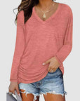 Rosy Brown Ruched V-Neck Long Sleeve T-Shirt