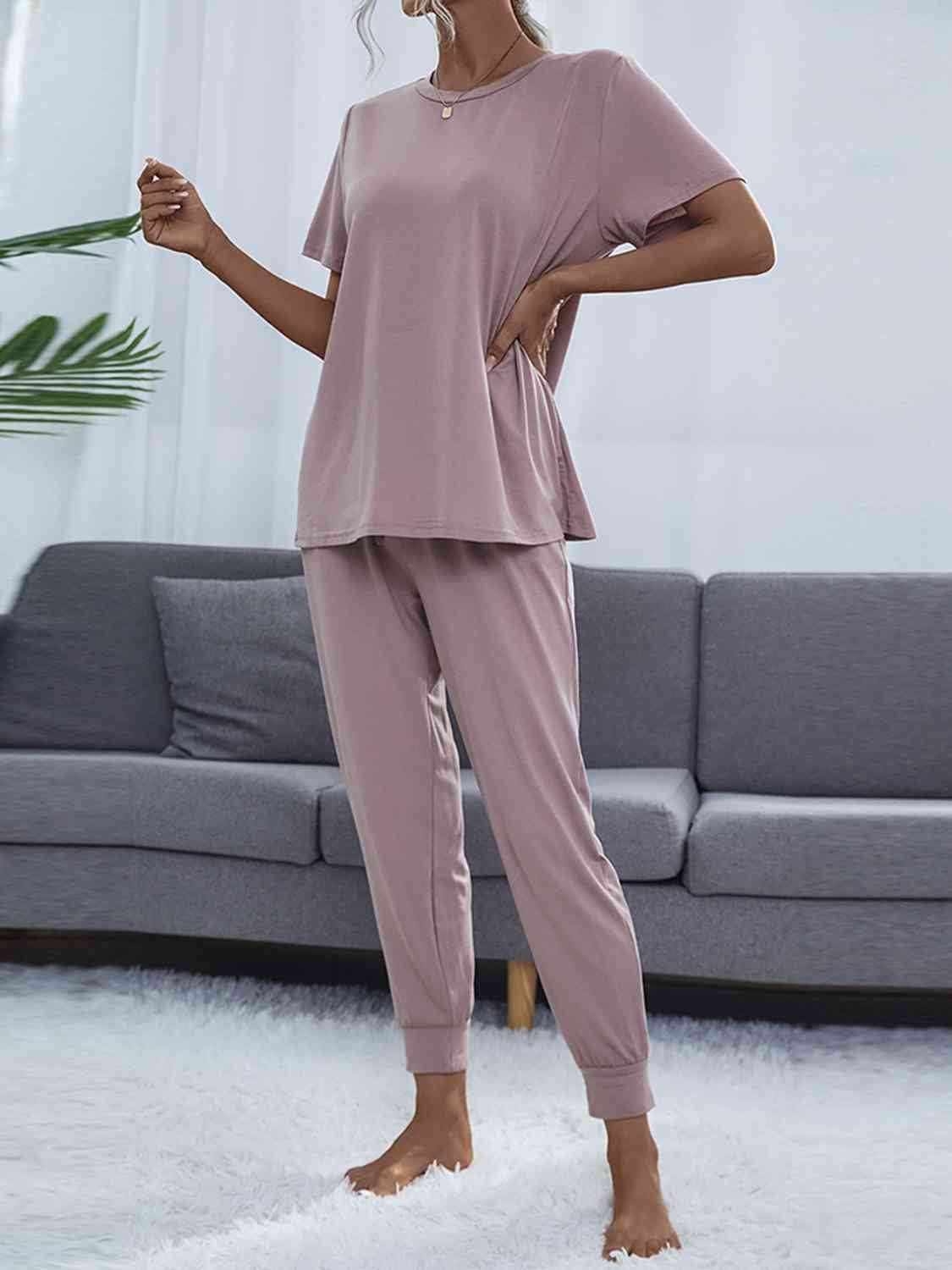 Gray Round Neck Short Sleeve Top and Pants Set Sentient Beauty Fashions Apparel &amp; Accessories