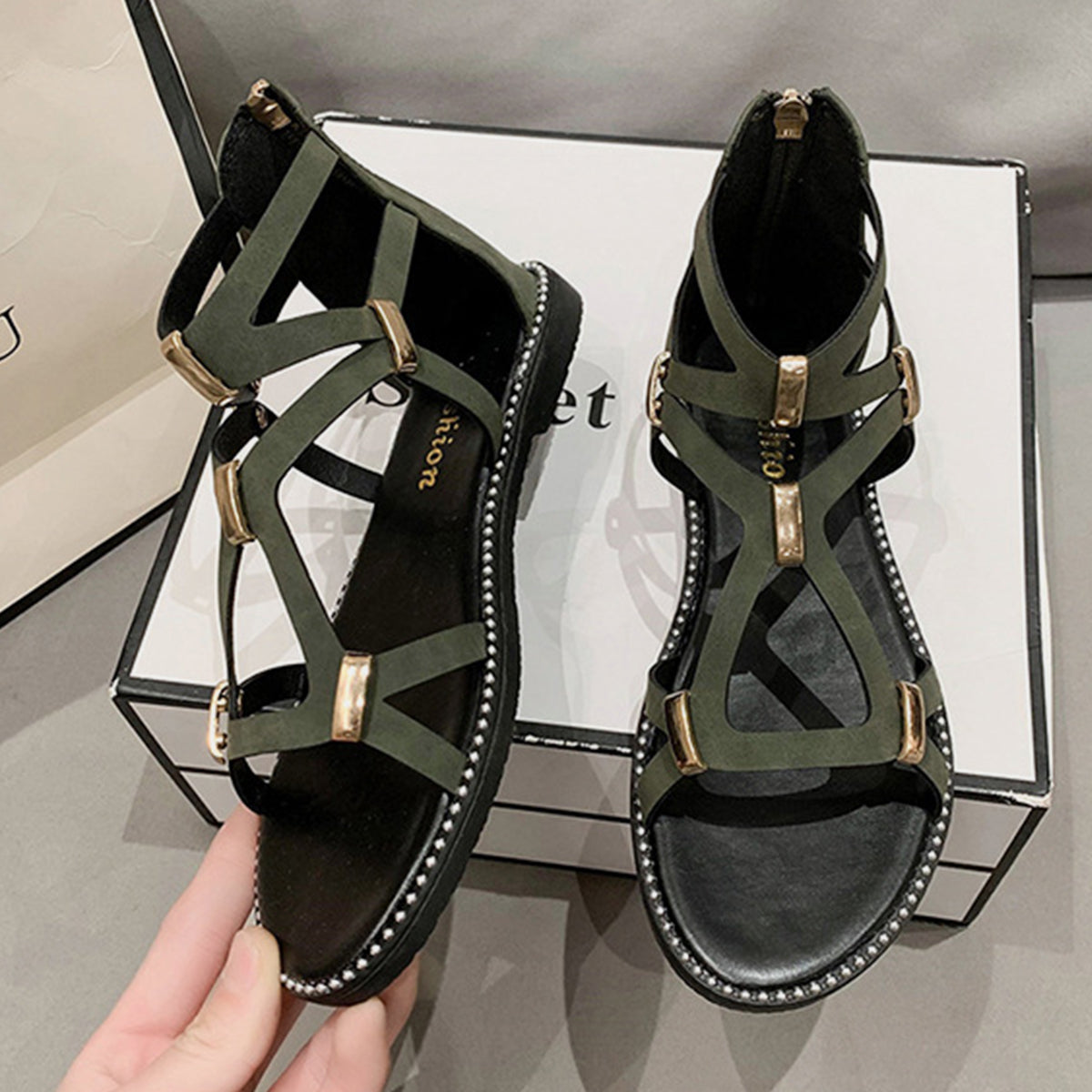 Dark Gray Open Toe Back Zipper Flat Sandals Sentient Beauty Fashions Shoes