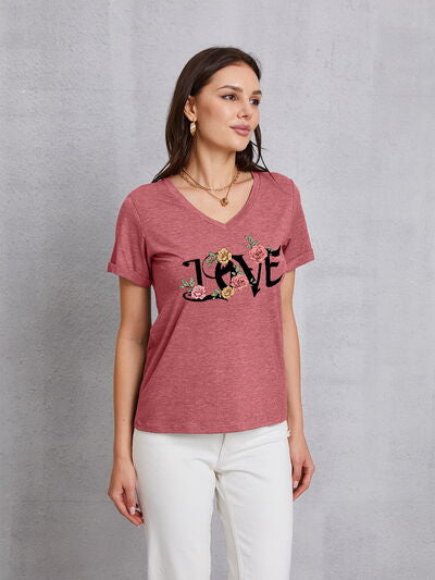 Dark Gray LOVE V-Neck Short Sleeve T-Shirt Sentient Beauty Fashions Apparel & Accessories