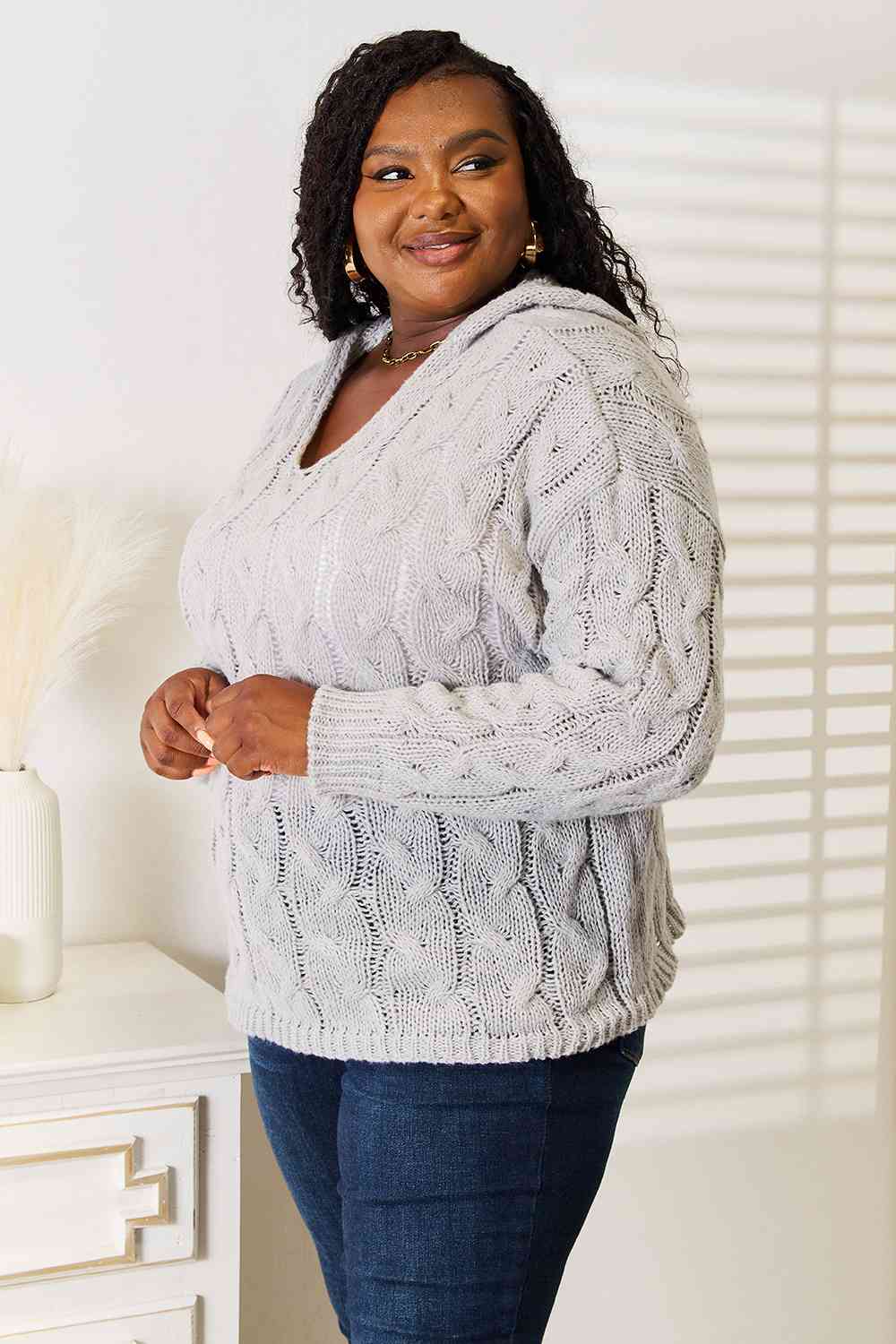 Light Gray Woven Right Cable-Knit Hooded Sweater Sentient Beauty Fashions Apparel &amp; Accessories