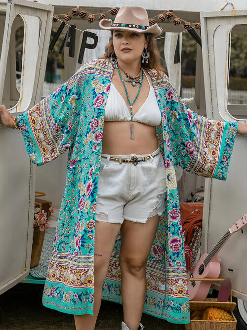Dim Gray Double Take Plus Size Printed Open Front Longline Cardigan Sentient Beauty Fashions Apparel & Accessories