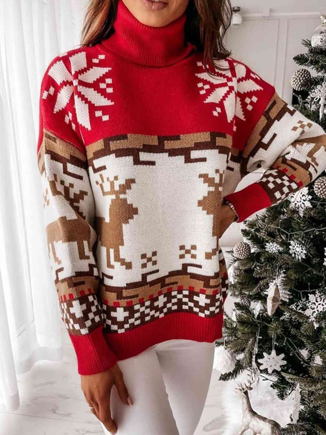Light Gray Reindeer Turtleneck Drop Shoulder Sweater