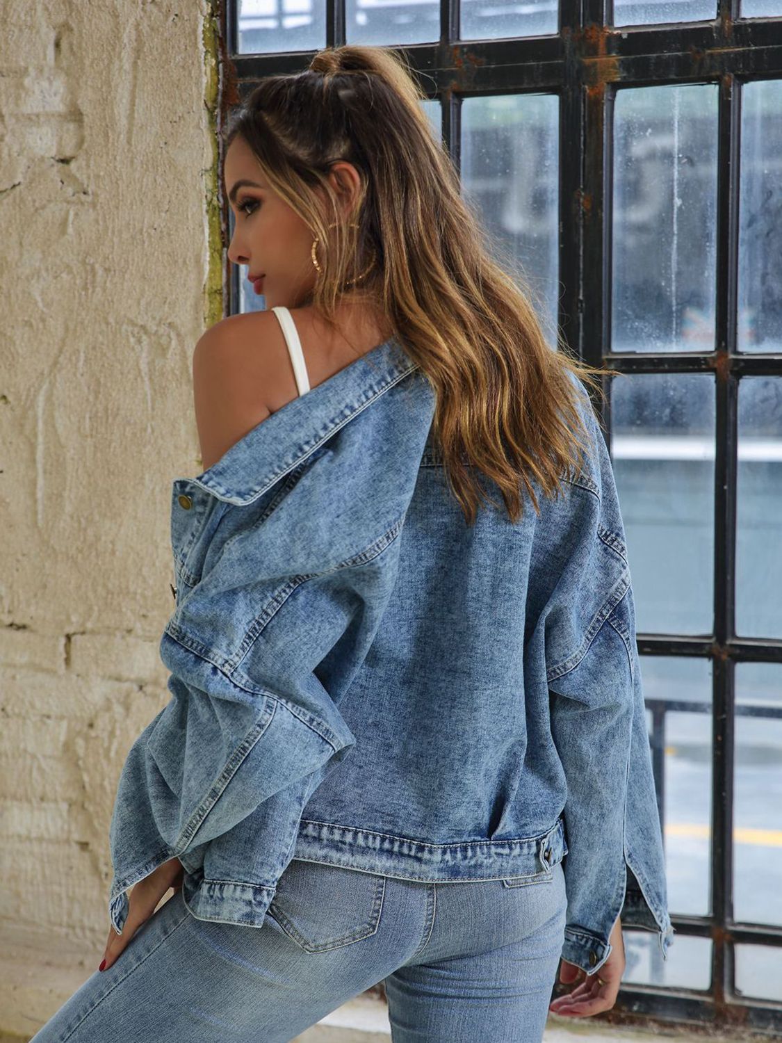 Slate Gray Collared Neck Dropped Shoulder Denim Jacket Sentient Beauty Fashions Apparel & Accessories