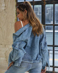 Slate Gray Collared Neck Dropped Shoulder Denim Jacket Sentient Beauty Fashions Apparel & Accessories