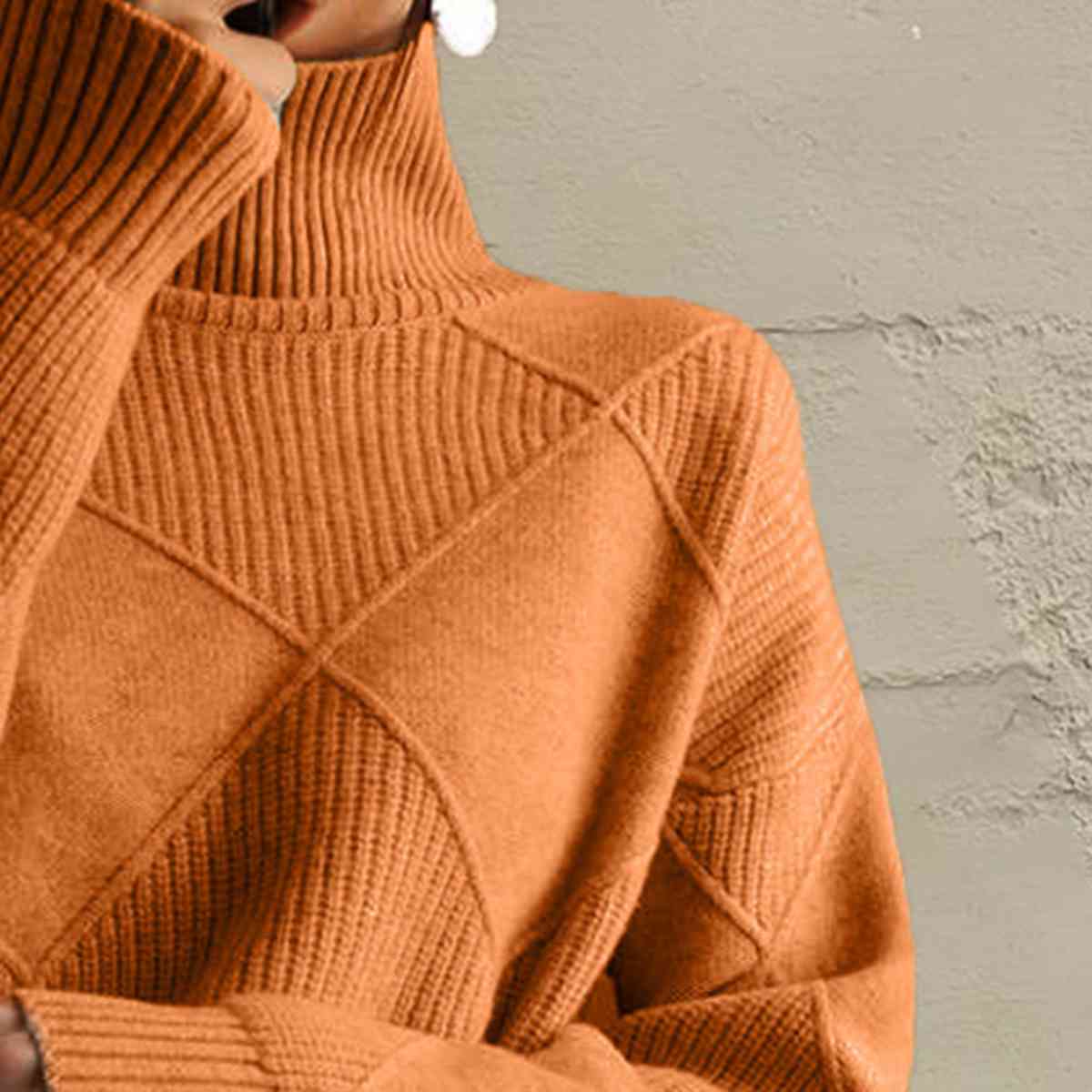 Dark Salmon Geometric Turtleneck Long Sleeve Sweater Sentient Beauty Fashions Tops