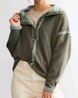 Dark Slate Gray Collared Neck Half Sanp Up Drop Shoulder Sweatshirt