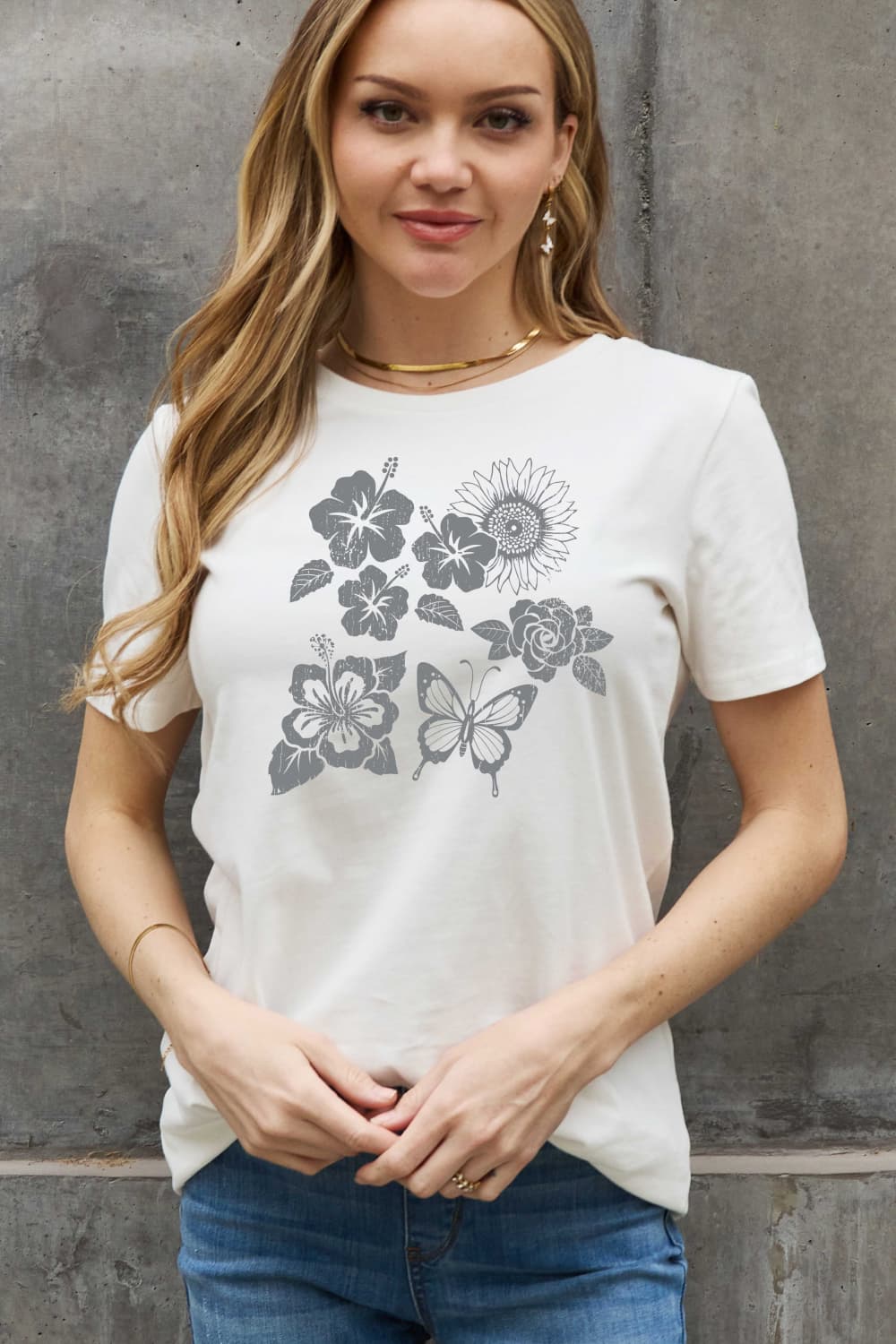 Dim Gray Simply Love Full Size Flower & Butterfly Graphic Cotton Tee