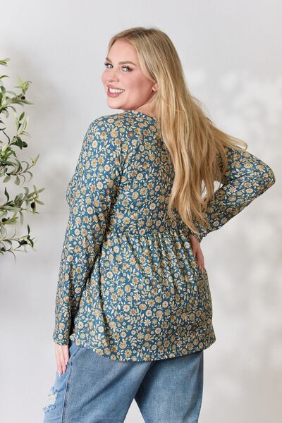Light Gray Heimish Full Size Floral Half Button Long Sleeve Blouse Sentient Beauty Fashions Apparel &amp; Accessories