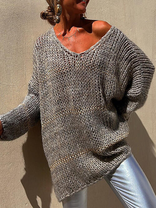 Slate Gray Openwork V-Neck Long Sleeve Sweater