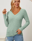 Gray Basic Bae Full Size Ribbed V-Neck Long Sleeve T-Shirt Sentient Beauty Fashions Apparel & Accessories