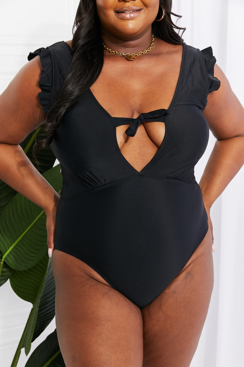 Light Gray Marina West Swim Seashell Ruffle Sleeve One-Piece in Black Sentient Beauty Fashions Swimwear