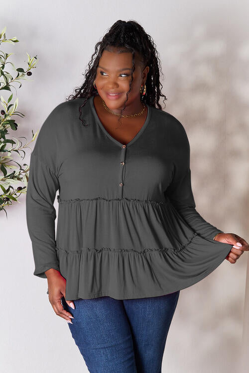 Gray Double Take Half Button Long Sleeve Ruffle Hem Blouse Sentient Beauty Fashions Apparel & Accessories