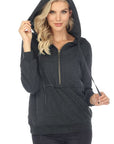 Dark Slate Gray Drawstring Half Zip Dropped Shoulder Hoodie Sentient Beauty Fashions Apparel & Accessories