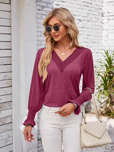 Gray V-Neck Smocked Ruffled Long Sleeve Top Sentient Beauty Fashions Apparel &amp; Accessories