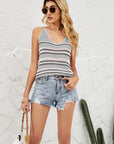 Light Gray Striped Ribbed Trim Knit Tank