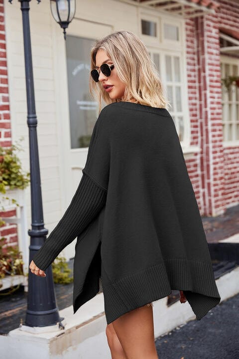 Dark Gray V-Neck Slit Exposed Seam Sweater