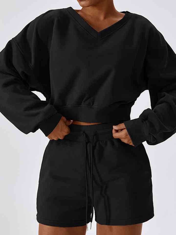 Black V-Neck Dropped Shoulder Sports Sweatshirt Sentient Beauty Fashions Apparel &amp; Accessories
