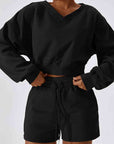 Black V-Neck Dropped Shoulder Sports Sweatshirt Sentient Beauty Fashions Apparel & Accessories